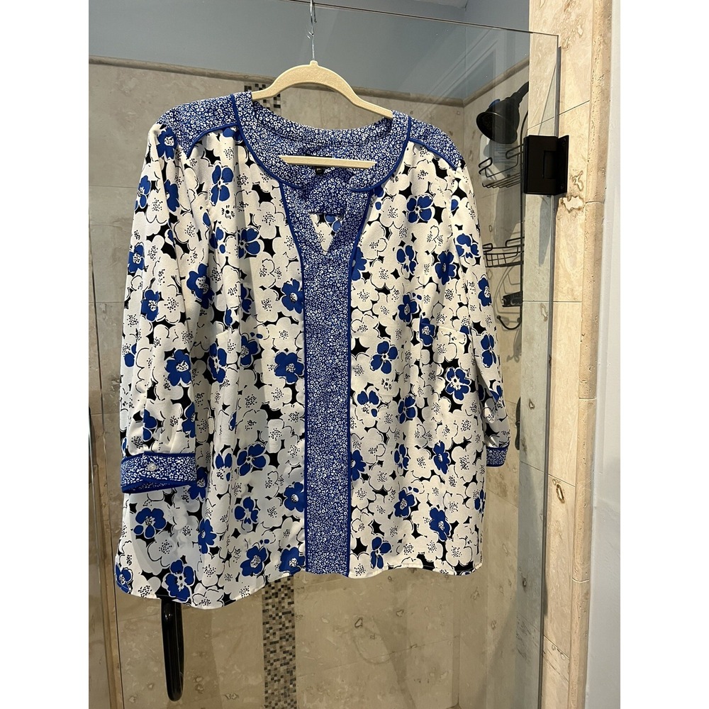 Talbots Womens 2XP Petite Blouse Floral Blue White 3/4 Sleeve Pullover Top